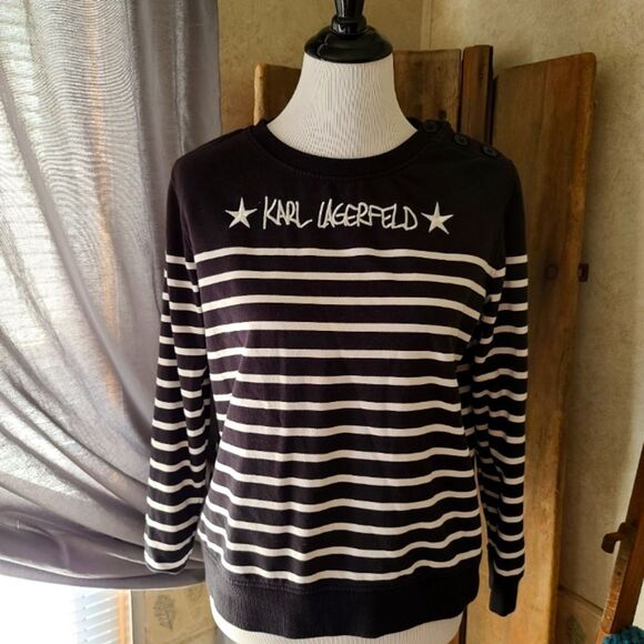 Black Karl Lagerfeld Paris Sweater Striped Crew Neck - Picture 1 of 4